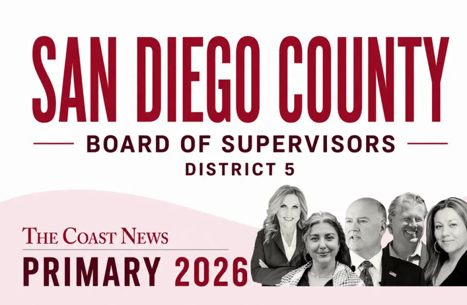 San Diego County Board of Supervisors primary candidates for District 5 (L-R): Rebecca Jones, Sasha Miller, John Franklin, Kyle Krahel and Norma Contreras. The Coast News graphic