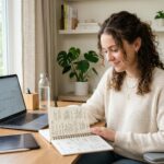Blogger reviewing content plans and editorial strategy at a home office desk