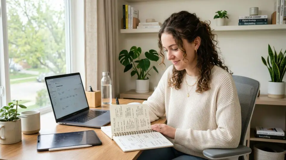 Blogger reviewing content plans and editorial strategy at a home office desk