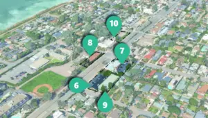 An aerial map of Del Mar's professional commercial zone along Camino Del Mar.