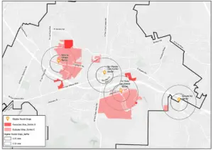 A map with certain areas outlined in red.