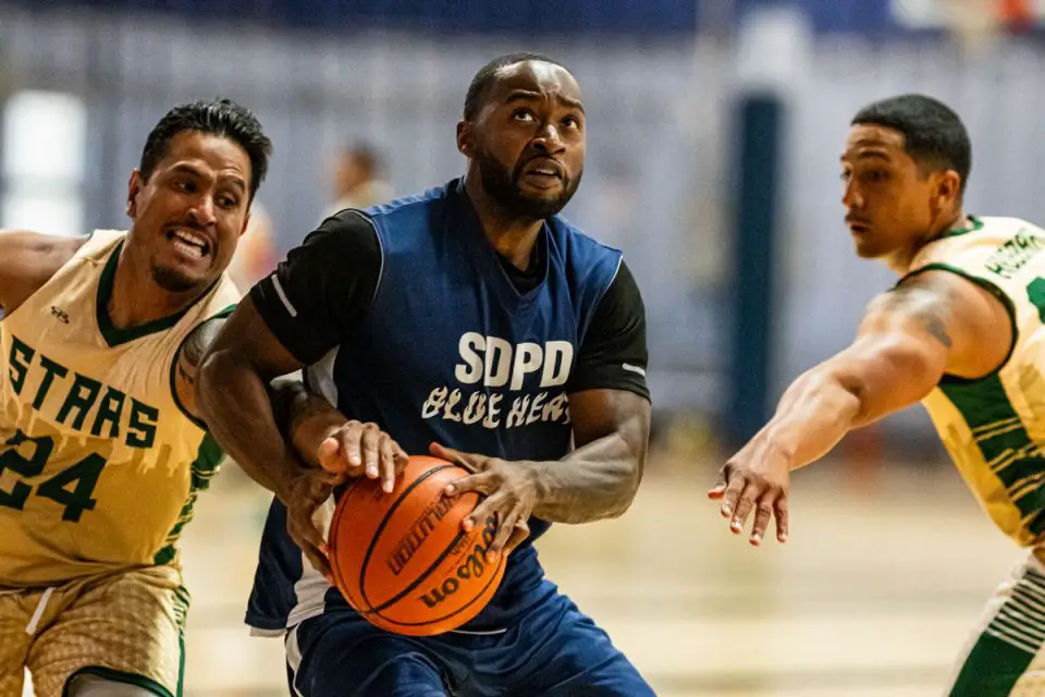 A San Diego Police Department officer drives to the basket during basketball competition at the United States Police & Fire Championships. Courtesy photo