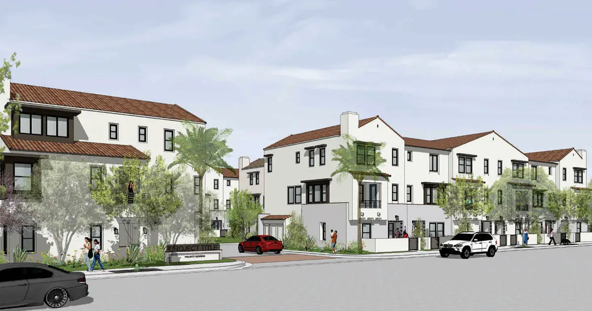 A rendering shows a proposed 94-unit townhome community approved by the Escondido City Council for a 3.51-acre site at the northwest corner of Centre City and W. Valley parkways. Courtesy image