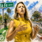 State Sen. Catherine Blakespear's amended bike infrastructure bill has sparked debate over bicycle safety, protected bike lanes and local control. The Coast News graphic/AI