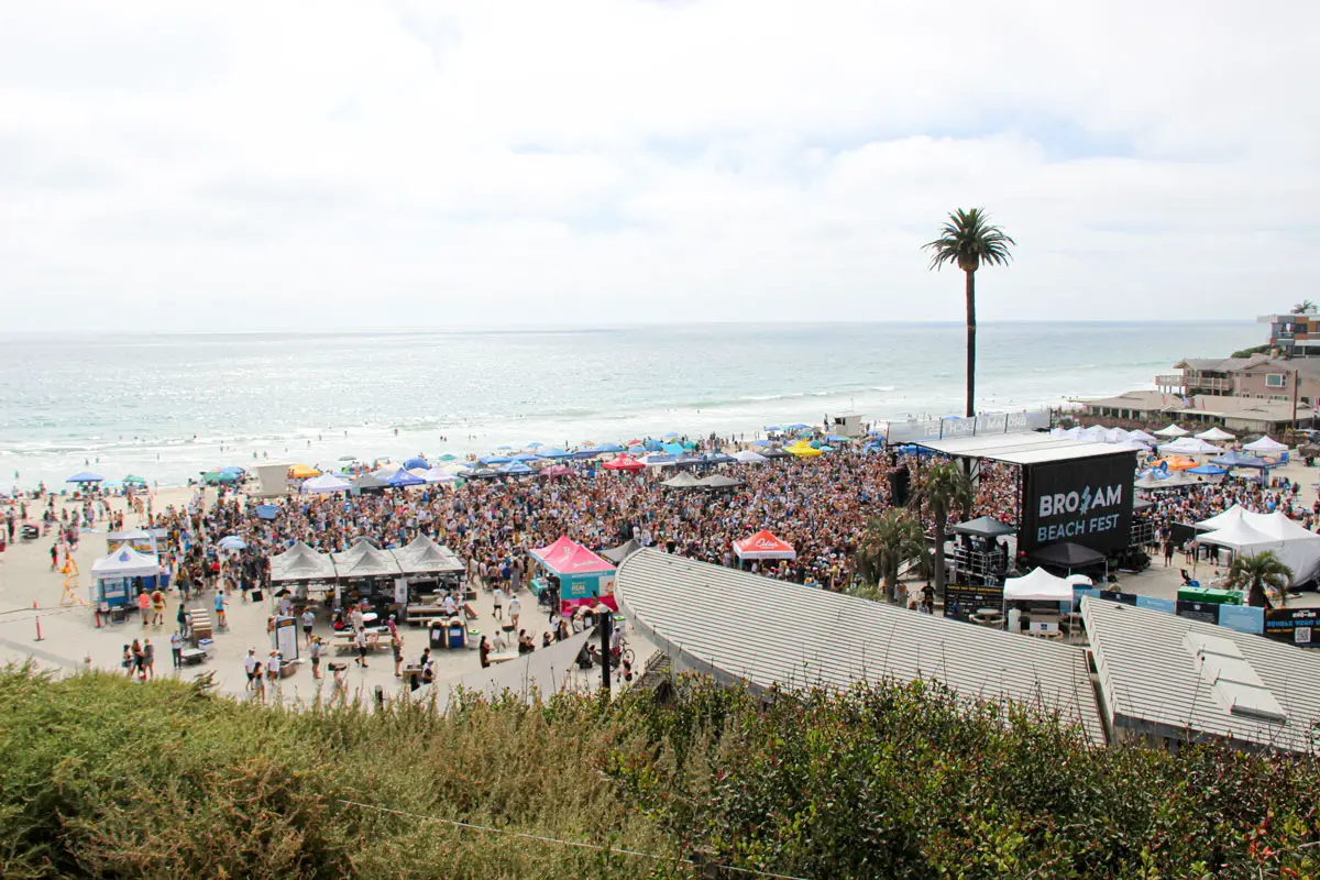Thousands of fans gather at Moonlight State Beach as Switchfoot performs during the 2026 Bro-Am in Encinitas. The annual event combines surfing, live music and fundraising for local youth organizations. Photo by Cameron Adams