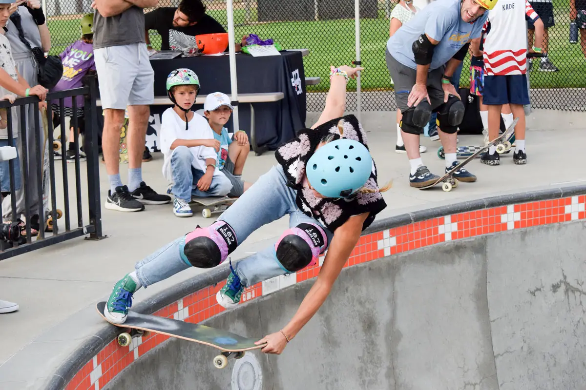Encinitas native and two-time Olympian Bryce Wettstein rides the bowl at the Magdalena Ecke Family YMCA Skate Park during Go Skate Day festivities. Photo by Summer Hu