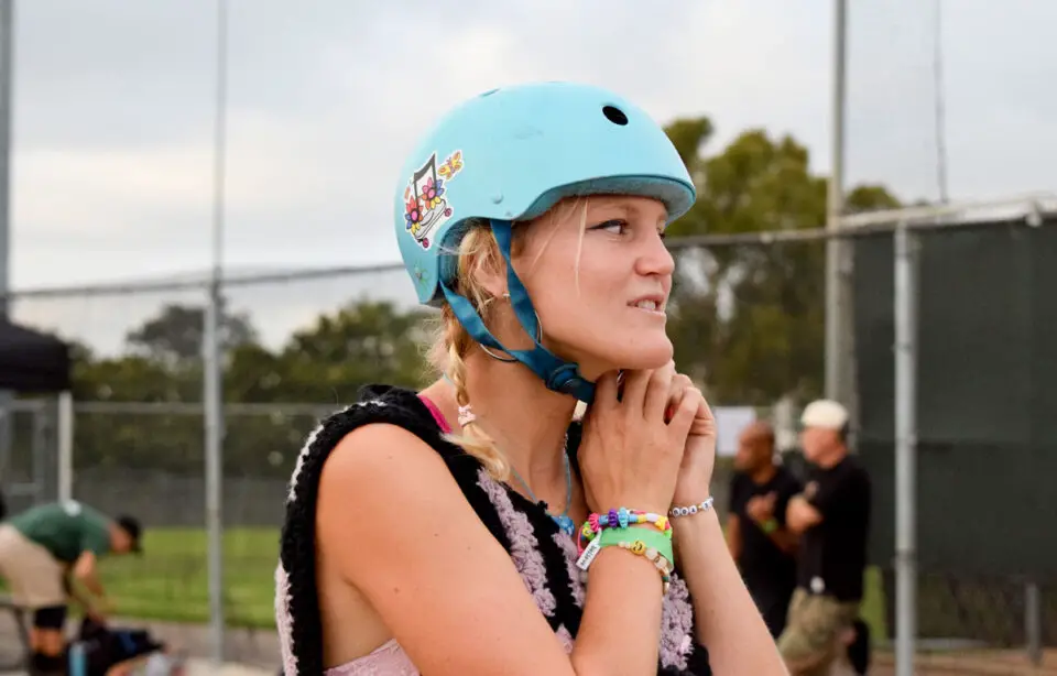 Olympic skateboarder, Bryce Wettstein, prepares to skate at the Magdalena Ecke Family YMCA Skate Park during the Go Skate Day Family Night event in Encinitas. Photo by Summer Hu