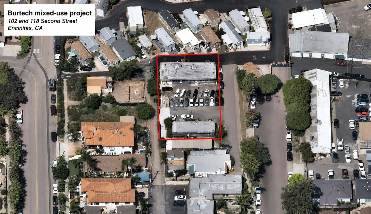 The outlined area marks the site of the proposed Burtech mixed-use development at 102 and 118 Second St. near Moonlight State Beach in downtown Encinitas. The project would redevelop the property with 16 residential condominium units and commercial space for a winery, restaurant and tasting room. Courtesy image
