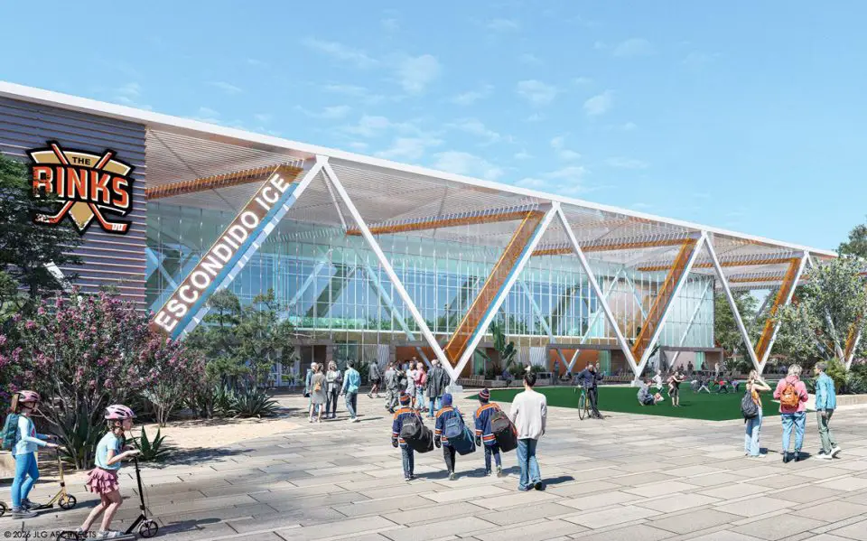 A rendering shows the proposed ice sports complex at Kit Carson Park in Escondido. Courtesy rendering/The Rinks Foundation