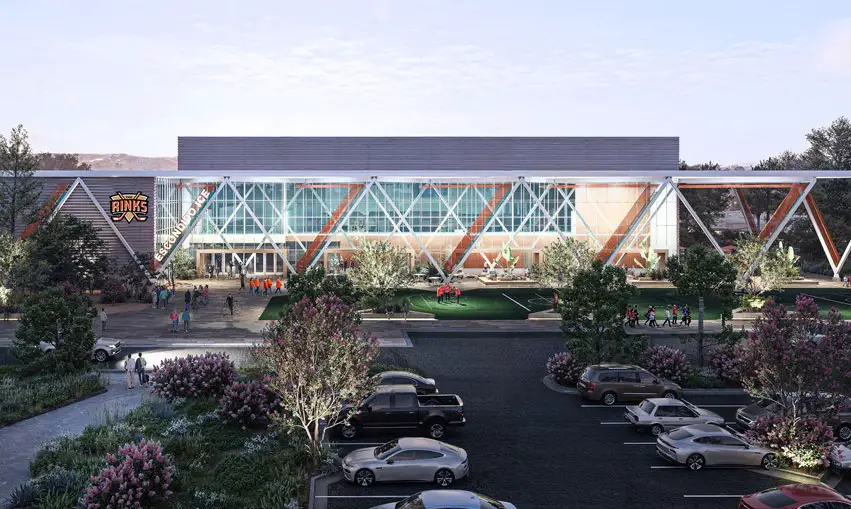 A conceptual rendering depicts the exterior of a proposed ice sports facility in Escondido. City officials and The Rinks Foundation are exploring the feasibility of the project at Kit Carson Park. Courtesy rendering/The Rinks Foundation
