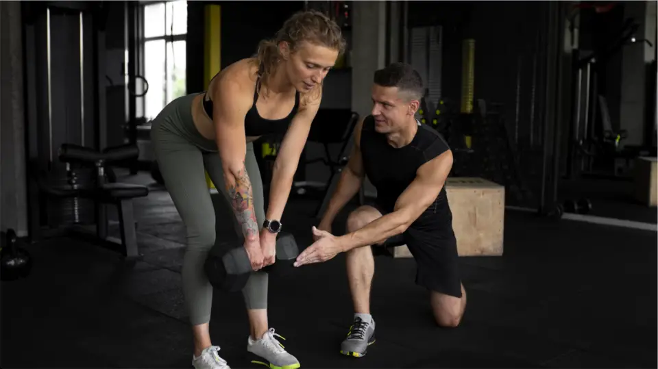 Personal trainer coaching a client through strength training exercises in a gym.