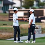 University of San Diego head coach Evan Emerick, left, and senior golfer Ian Maspat during the NCAA Men’s Golf Championship at Omni La Costa Resort & Spa in Carlsbad. Photo by Thomas Christensen