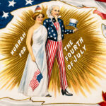 A 1900 postcard depicting Lady Liberty and Uncle Sam celebrating the Fourth of July. Photo by Bridgeman Images