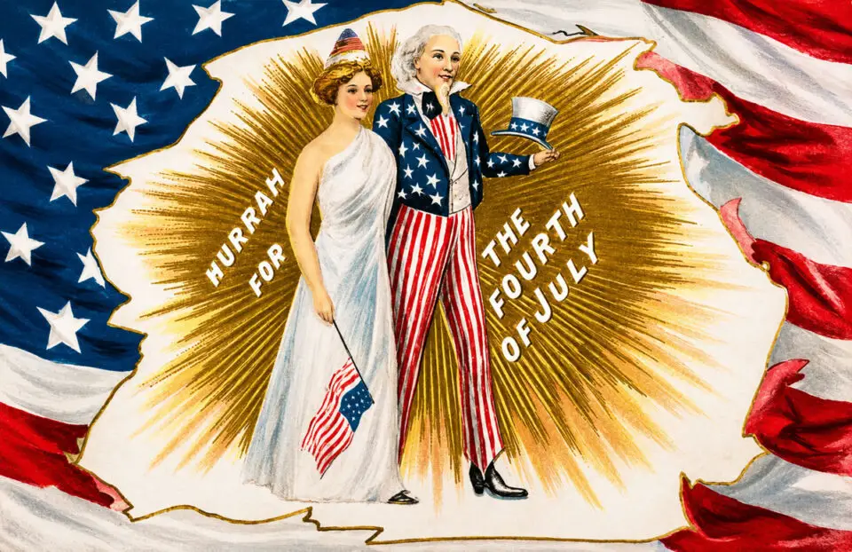 A 1900 postcard depicting Lady Liberty and Uncle Sam celebrating the Fourth of July. Photo by Bridgeman Images