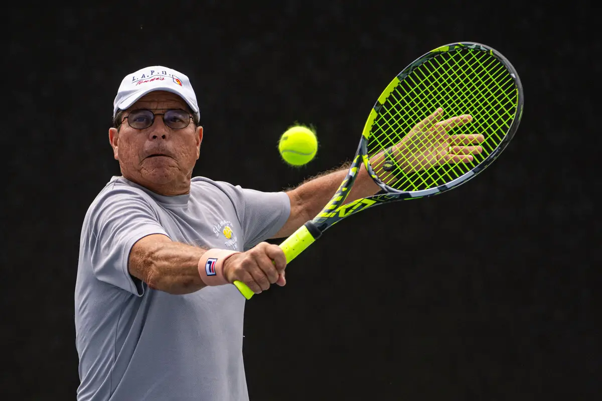 An LAPD officer competes in a tennis match during the United States Police & Fire Championships in 2024. The annual event brings thousands of first responders from across the country to San Diego County to compete in Olympic-style sports. Photo courtesy California Police Athletic Federation
