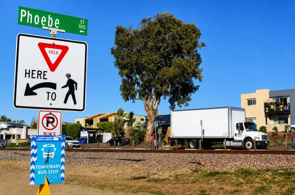 Railroad tracks run through Leucadia near Phoebe Street, one of two locations where the City of Encinitas is proposing new at-grade pedestrian rail crossings. Photo by Jordan P. Ingram
