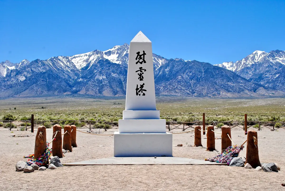 The "Soul Consoling Tower" marks the cemetery at Manzanar National Historic Site, which preserves the history of Japanese Americans incarcerated in American concentration camps during World War II. The Ukegawa family was among the approximately 120,000 Japanese Americans forcibly removed from the West Coast during the war. (Courtesy photo/EWY Media)