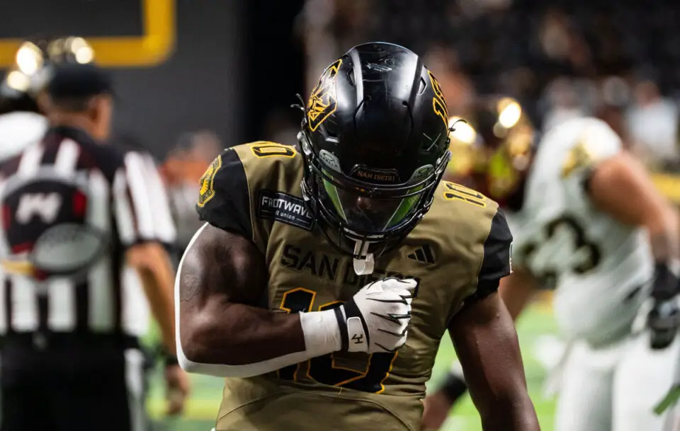 San Diego Strike Force linebacker Royce See celebrates during a June 28 game against the Jacksonville Sharks at Vystar Veterans Memorial Arena. Courtesy photo/Strike Force
