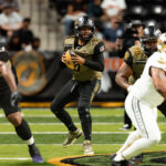 Strike Force quarterback Naate Davis drops back for a pass during a game on June 19 at Frontwave Arena. Courtesy photo/Strike Force