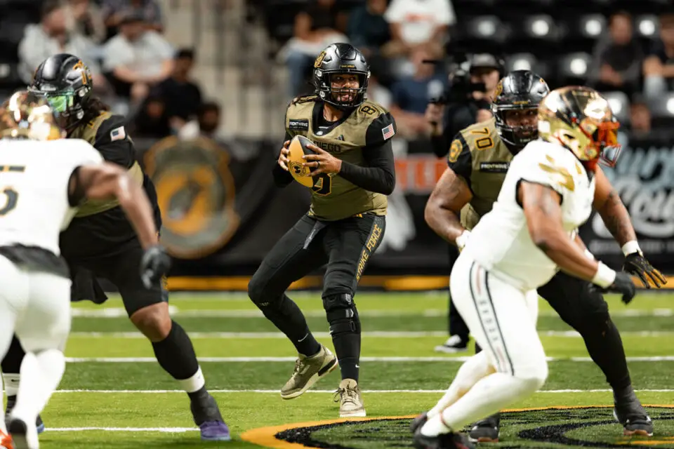 Strike Force quarterback Naate Davis drops back for a pass during a game on June 19 at Frontwave Arena. Courtesy photo/Strike Force