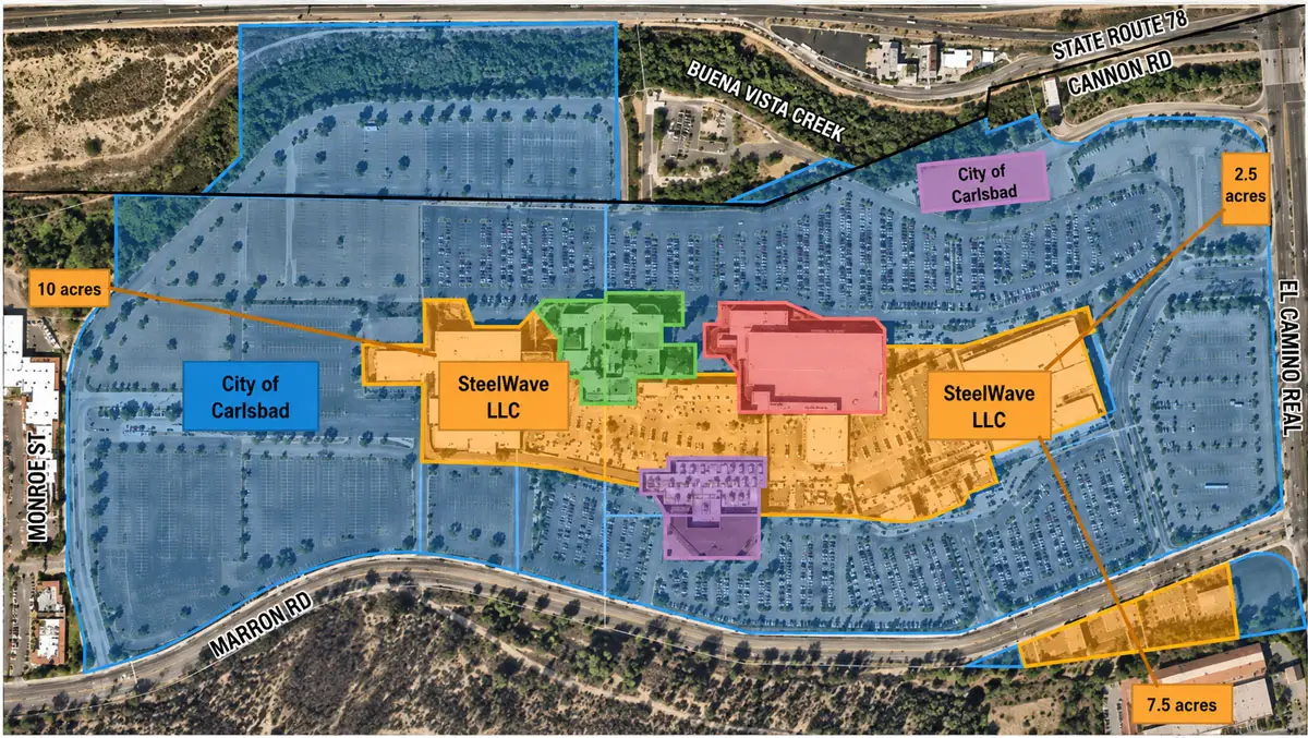 A site map shows city-owned parking lot properties surrounding The Shoppes at Carlsbad in blue and mall-owned property controlled by SteelWave and its partners in yellow. The Carlsbad City Council has authorized negotiations regarding the potential sale or lease of more than 67 acres of city-owned parking lots surrounding the regional shopping center. Courtesy image/City of Carlsbad