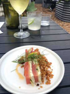 "Tuna" and cucumber ribbon cake with whipped goat cheese at the Plantscape dinner. Photo by Jano Nightingale