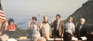 Members of the first Solana Beach City Council are sworn in above Fletcher Cove on July 1, 1986. From left: San Diego Mayor Susan Golding swears in Mayor Margaret Schlesinger, Deputy Mayor Jack Moore, and council members Richard Hendlin, Marion Dodson and Celine Olson.
