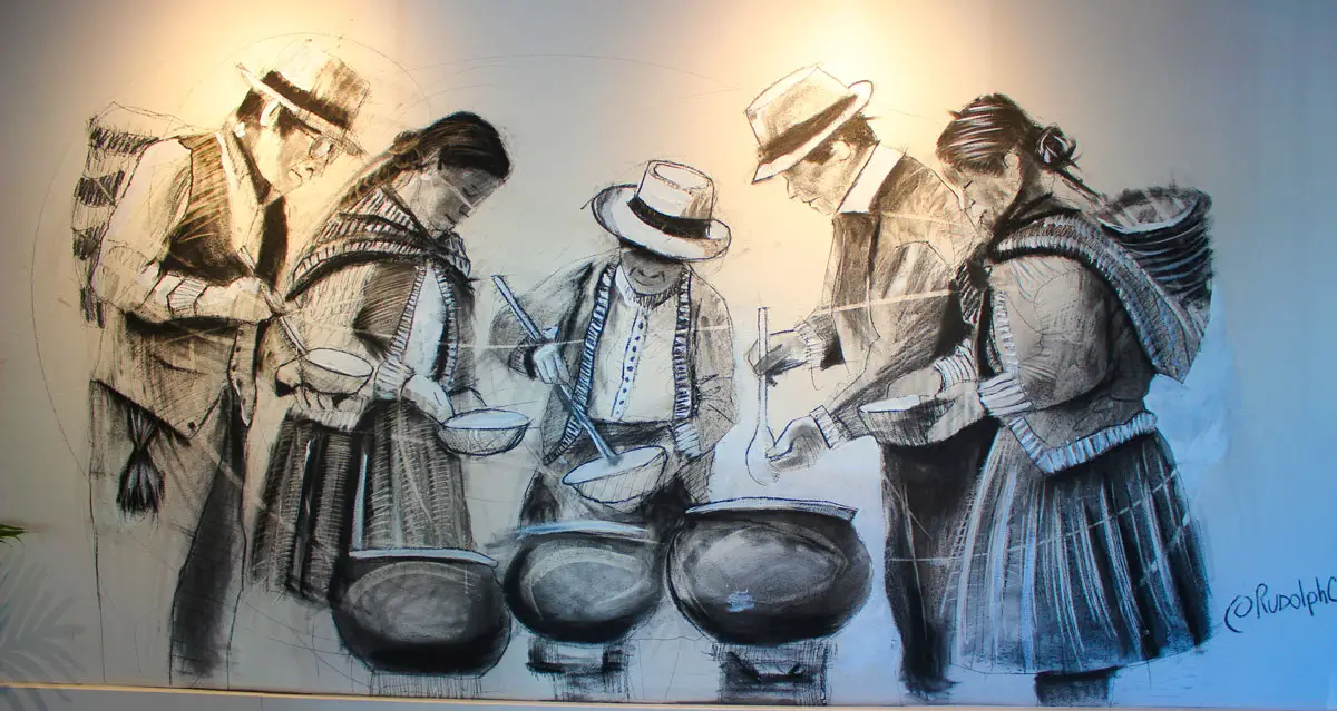 Striking murals by Peruvian artist Rudolph Castro of mankas (pots) are throughout Manka’s indoor and outdoor spaces. Photo by Rico Cassoni.