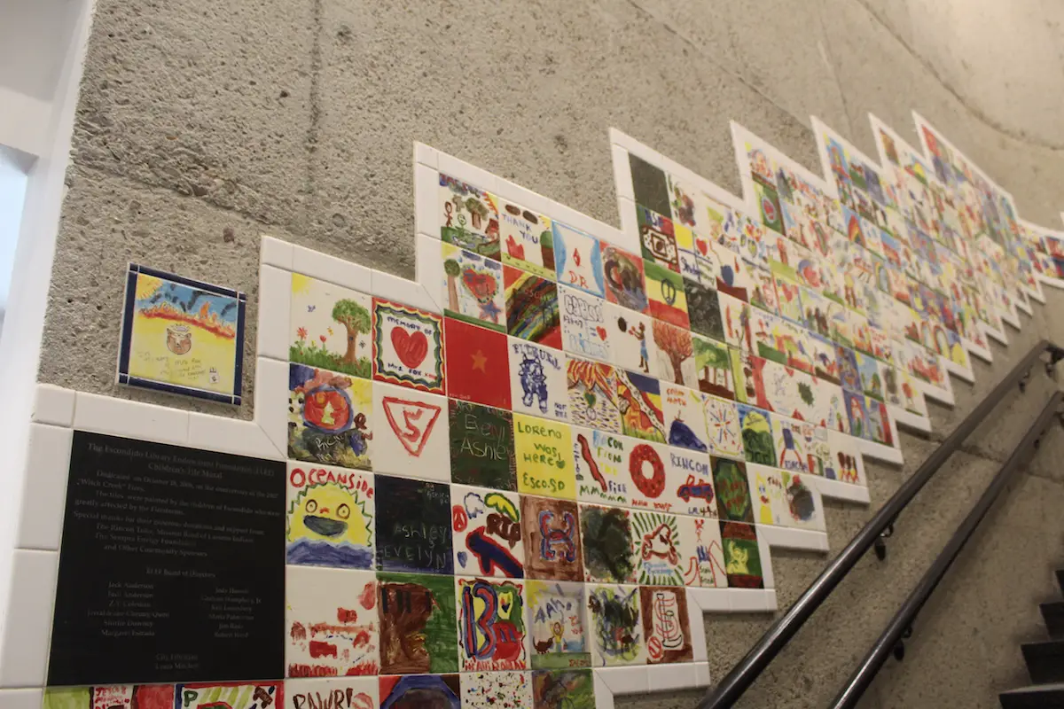 Renovations at the Escondido Public Library preserved a display of hand-painted tiles created by local students. Photo by Samantha Nelson