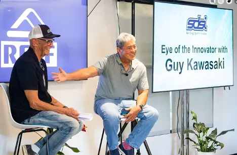 SDSI Executive Director Bob Rief, left, speaks with entrepreneur and author Guy Kawasaki during an SDSI event. The organization’s Walton Innovation Lab helps growing lifestyle-industry companies scale through mentorship, strategic guidance and industry connections. Courtesy photo