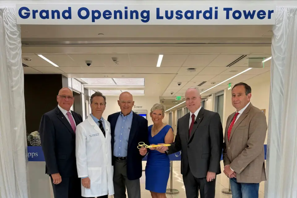 Grand opening: From left, John Engle, Corporate Senior VP/Chief Development Officer, Scripps Health; Dr. Scott Eisman, Chief Operations Executive/Physician, Scripps Memorial Hospital Encinitas; Scott Free; Franci Free; Chris Van Gorder, President & CEO, Scripps Health; Don Goldman, Chairman of Board of Trustees, Scripps Health. Courtesy photo