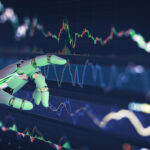 AI generated robotic hand analyzing stock market charts and investment data.