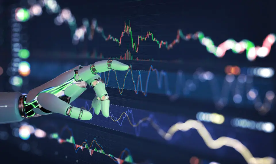 AI generated robotic hand analyzing stock market charts and investment data.