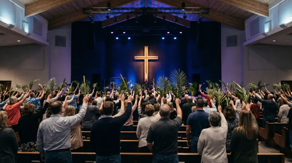 Modern church congregation worshipping in a sanctuary designed for high quality acoustics.