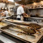 Commercial kitchen staff cleaning stainless steel buffet and chafing dish equipment.
