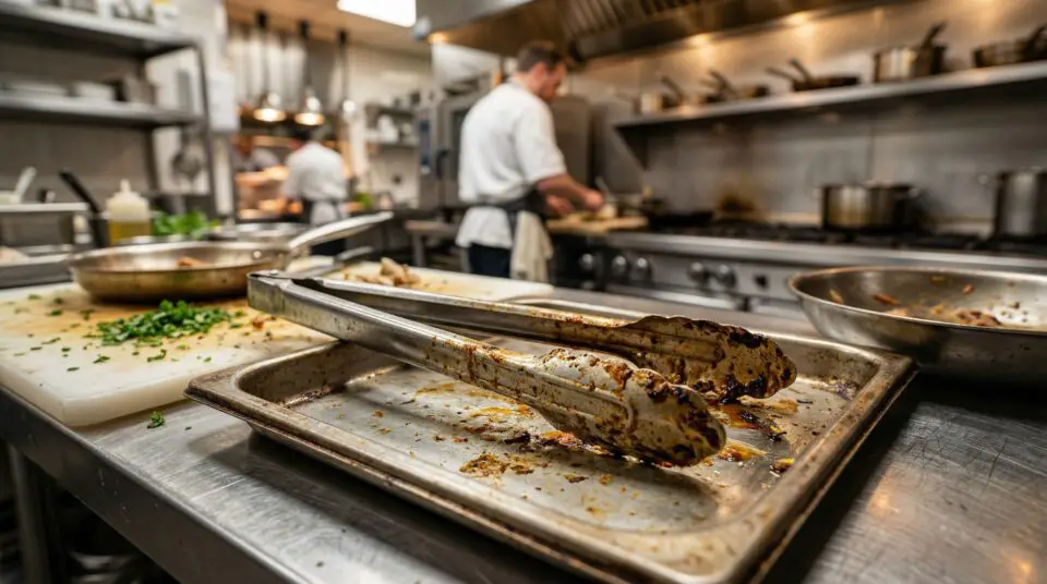 Commercial kitchen staff cleaning stainless steel buffet and chafing dish equipment.
