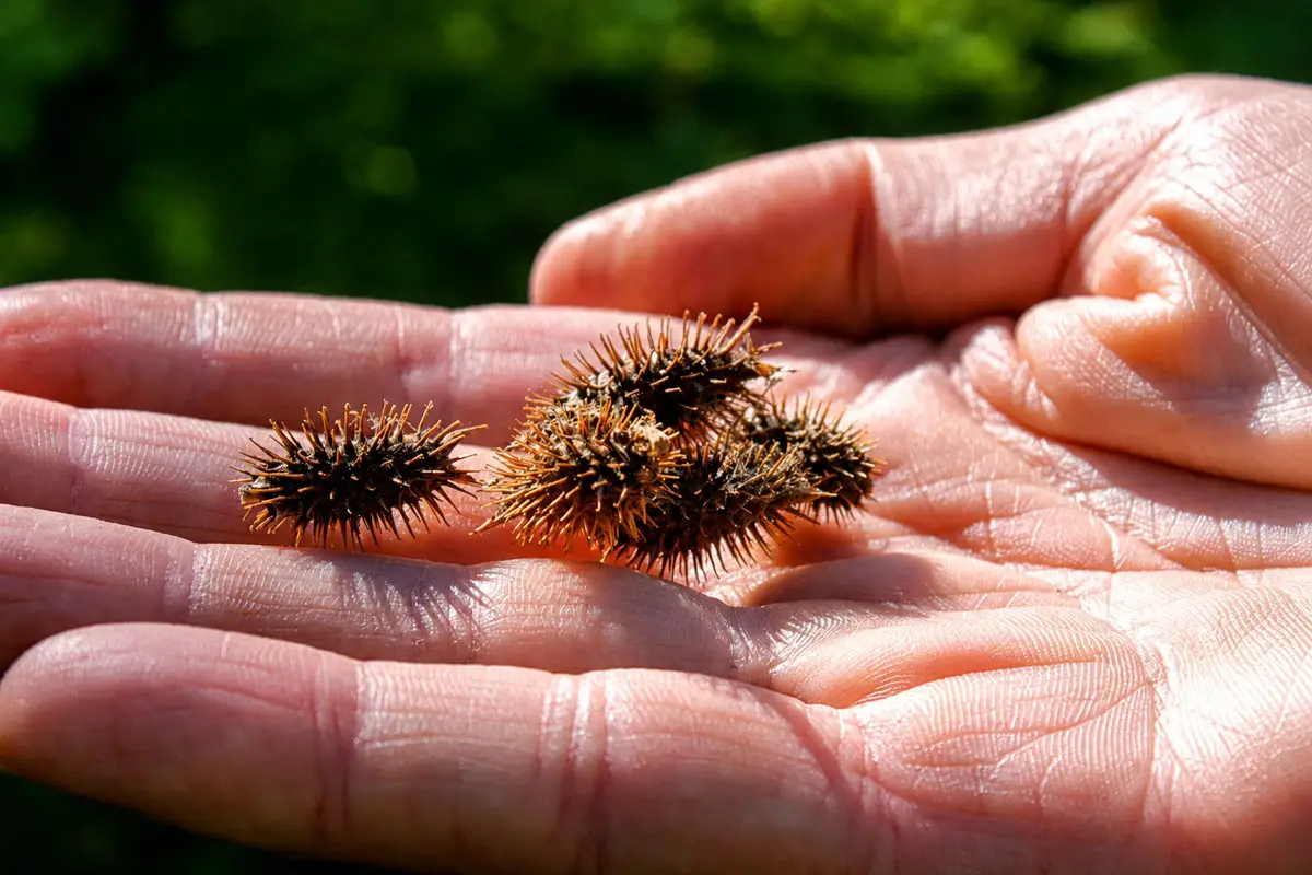 Cocklebur seed pods collected near Lake Hodges. Residents advocating for higher lake levels say vegetation growing on the exposed lakebed could become wildfire fuel as it dries later in the summer. Photo by Samantha Nelson