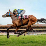 Jockey Geovanni Franco rides Shamrockin during Opening Day at the Del Mar Racetrack in 2024. Photo by Alex Evers