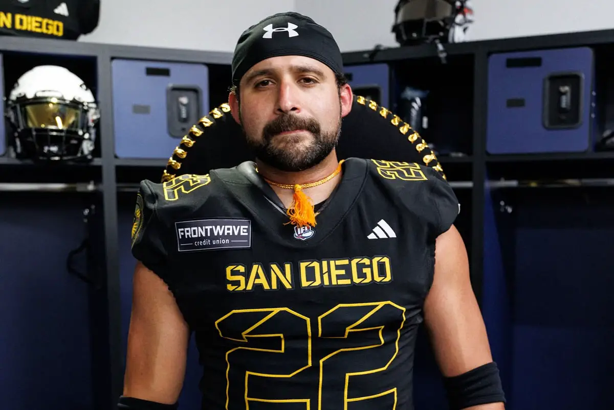 San Diego Strike Force kicker Ernesto Lacayo poses in the locker room at Frontwave Arena. The veteran kicker hopes to finish his career in San Diego while chasing a record 17th professional indoor football season and another championship with the Strike Force. Courtesy photo/Strike Force