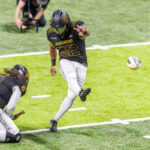 San Diego Strike Force kicker Ernesto Lacayo kicks a field goal in the team's most recent game. Photo David Frerker