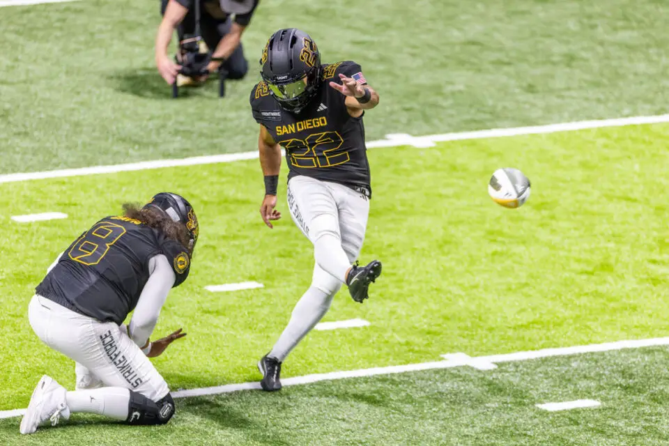 San Diego Strike Force kicker Ernesto Lacayo kicks a field goal in the team's most recent game. Photo by David Frerker
