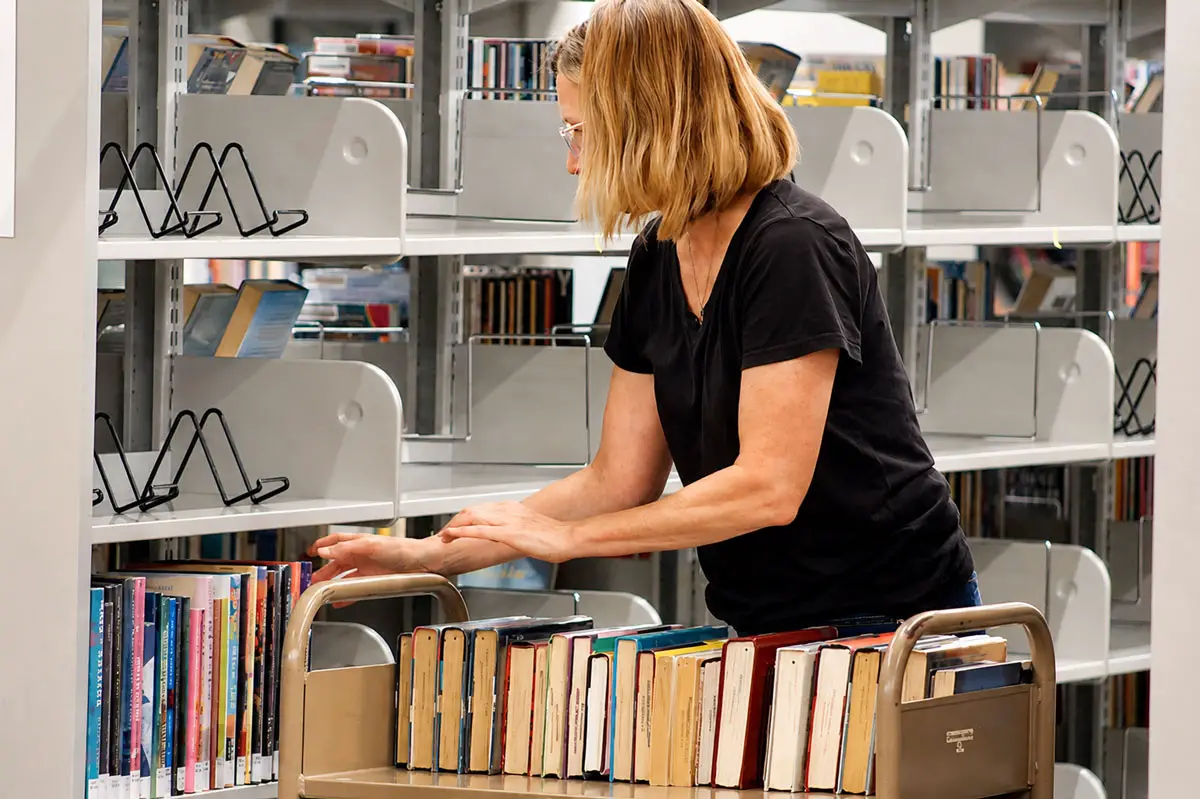 Librarians and volunteers shelve books at the Escondido Public Library as preparations continue for its Aug. 3 reopening. Photo by Samantha Nelson