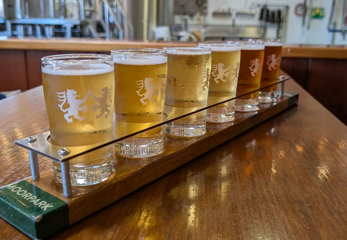 An excellent flight of German style lagers at Enegran Brewing in Moorpark. Photo by Jeff Spanier
