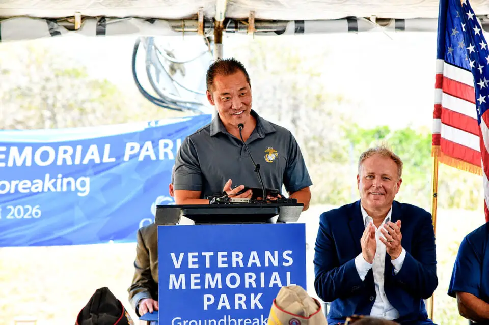 Councilmember Kevin Shin, a Marine veteran, addresses the crowd during the groundbreaking ceremony for Veterans Memorial Park on July 6 in Carlsbad. Photo by Summer Hu