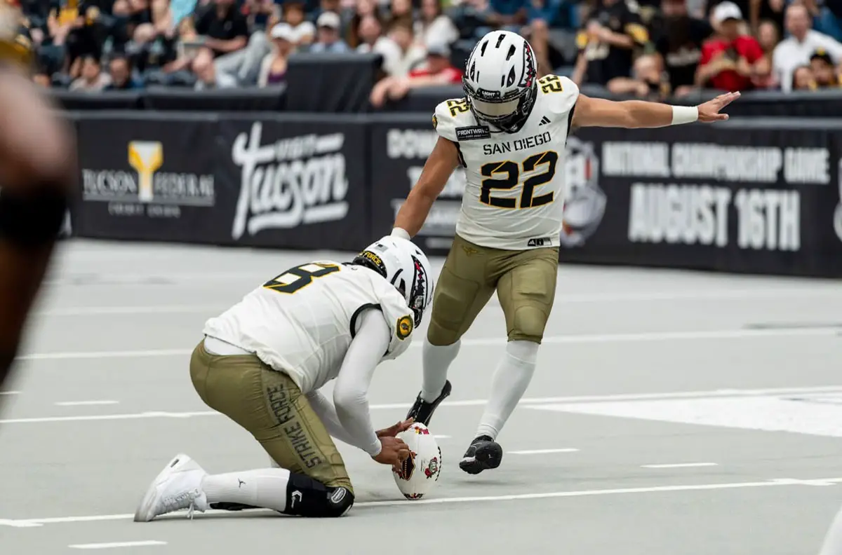 San Diego Strike Force kicker Ernesto Lacayo kicks a field goal during a game this season. The 37-year-old veteran is chasing a 17th professional indoor football season, which would set the sport's longevity record while helping lead the Strike Force into the playoffs. Courtesy photo/Strike Force