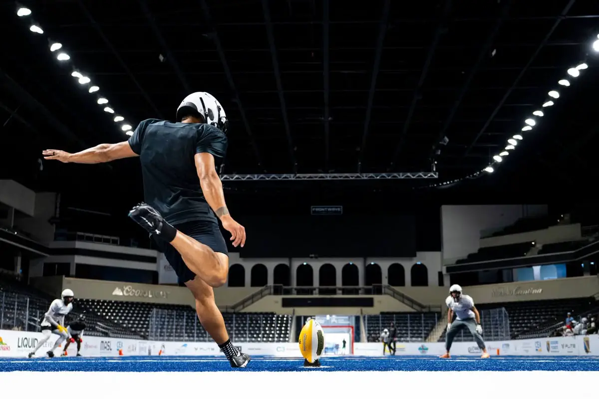 San Diego Strike Force kicker Ernesto Lacayo practices kickoffs at Frontwave Arena. Now in his 15th professional indoor football season, Lacayo credits consistent training and recovery for helping extend his career as he pursues the sport's longevity record. Courtesy photo/Strike Force