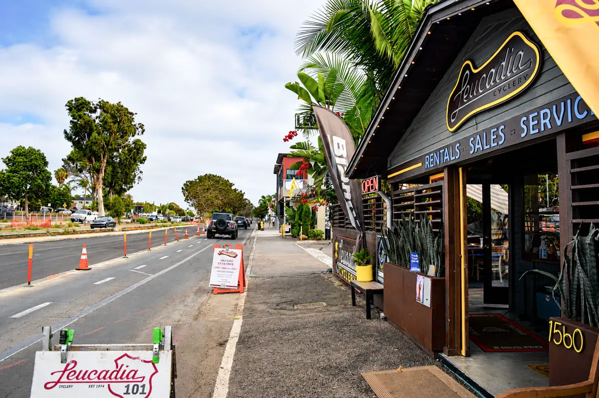 The entrance to Leucadia Cyclery sits along North Coast Highway 101 in Leucadia, where ongoing construction from the Leucadia Streetscape project has affected access to businesses along the corridor. Photo by Summer Hu