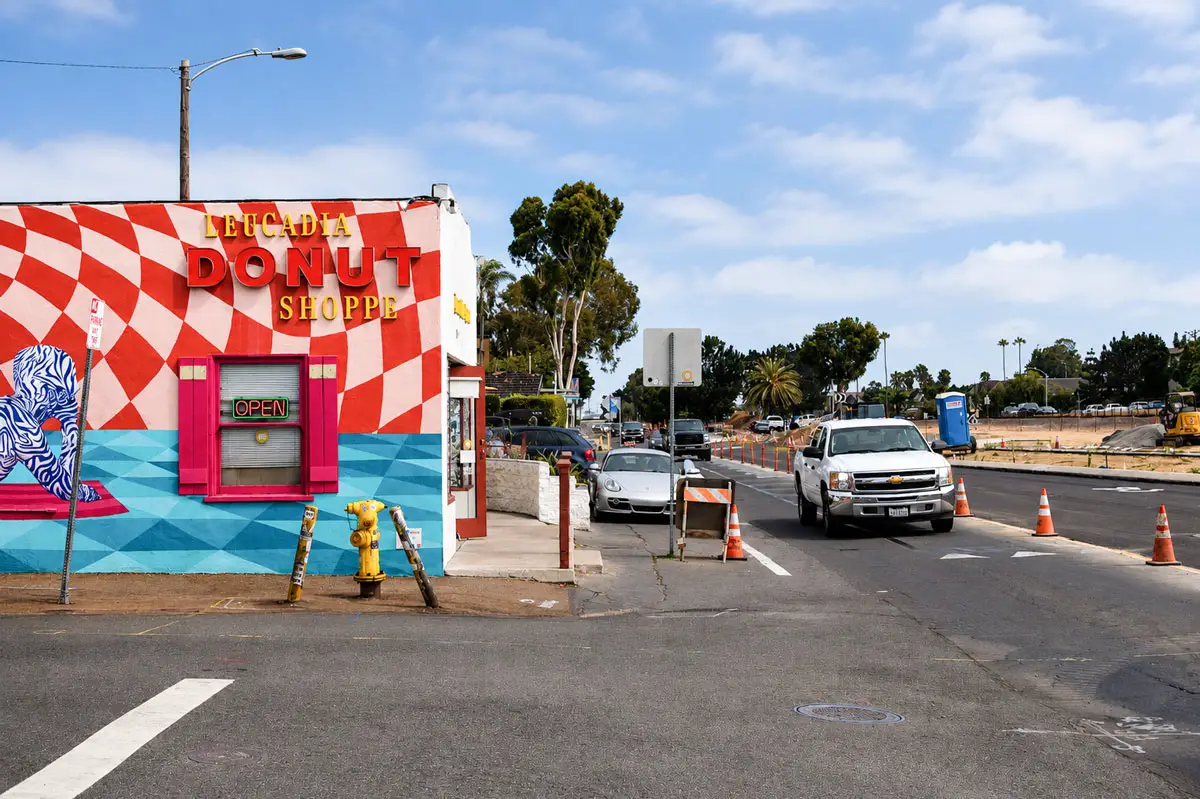 Leucadia Donut Shoppe is pictured along North Coast Highway 101 in Leucadia. Owner Tom Chu said ongoing construction from the Leucadia Streetscape project has made it more difficult for northbound customers to reach the business. Photo by Summer Hu