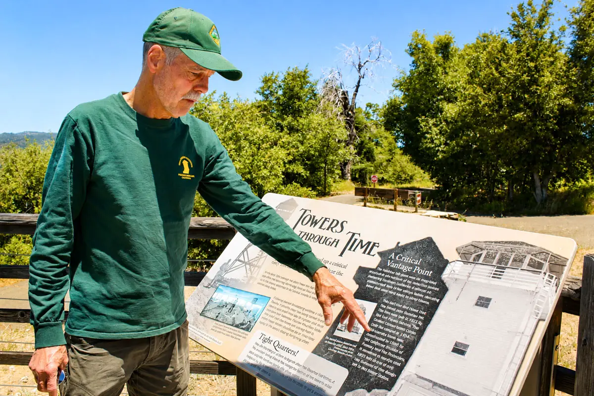 Bob Littlejohn, a Valley Center resident and volunteer with the Forest Fire Lookout Association, talks about the history of the Boucher Hill Lookout Tower on Palomar Mountain. Photo by Samantha Nelson