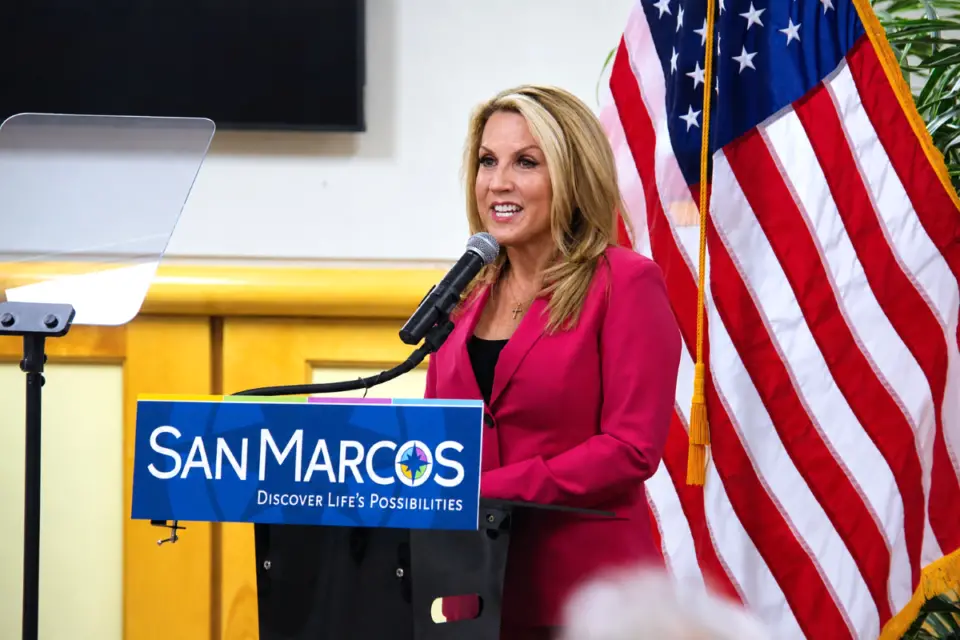 San Marcos Mayor Rebecca Jones delivers the 2026 State of the City address on July 29 at the San Marcos Senior Center. Photo by Leo Place